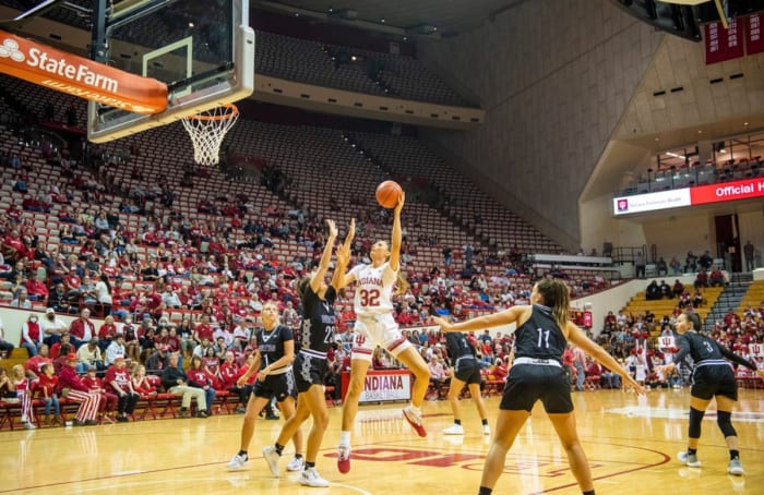 Indiana's Alyssa Geary (32) shoots over Kentucky Wesleyan's Myah Montgomery (23) during the Indiana versus Kentucky Wesleyan women's basketball game at Simon Skjodt Assembly Hall on Friday, Nov. 4, 2022.